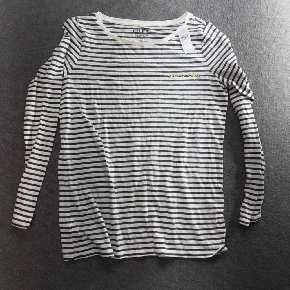 Loft Vintage Soft Striped Long Sleeve Tee Snow Day Gold Glitter White Grey M NEW